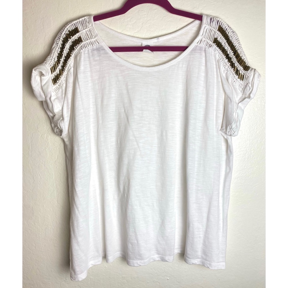 Anthropologie Short Sleeve White Shirt with Gold Metal Weave Design on Shoulders